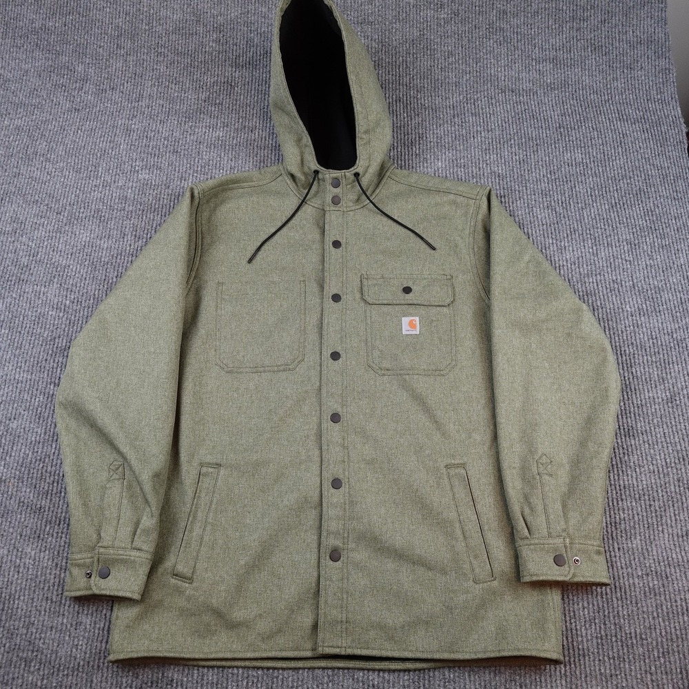 Carhartt Mens L Green Softshell Hooded Rain Defender Snap Jacket 105022 G73